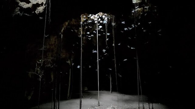 Multiple insectivorous bats including African sheath-tailed (Coleura afra) and trident bats (Triaenops afer) flying in cave lighted from an opening in the roof, coastal Kenya