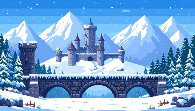 Winter Fantasy Pixel Art Landscape game level background with bridge and destroyed - Powered by Adobe