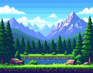Fototapeta premium Pixel background with mountains and forest for games and mobile applications.