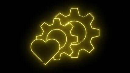 A neon yellow heart overlaps two gears outlined in neon yellow on a black background