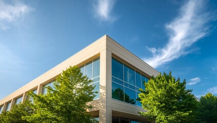 Low angle view of a modern corporate office building against a blue sky with green trees, Business success and vision concept