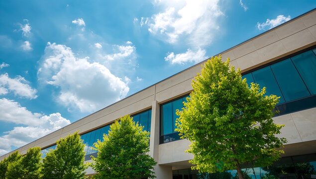 Low angle view of a modern corporate office building against a blue sky with green trees, Business success and vision concept