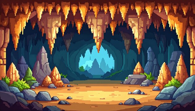 Pixel art game background, underground cave with stalactites and stalagmites. Vector