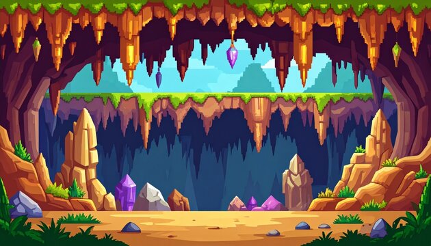 Pixel art game background, underground cave with stalactites and stalagmites. Vector