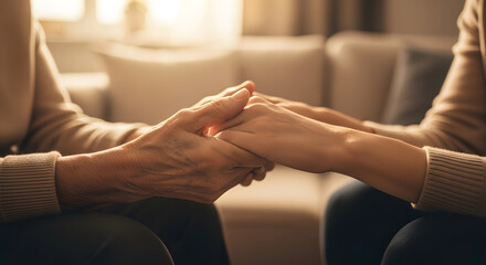 Two people holding hands, one older and one younger, showing comfort and support in a warm setting.