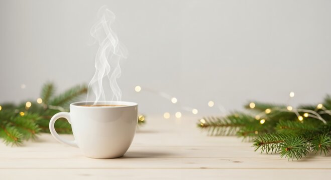 Warm Cozy Coffee Cup with Steam Surrounded by Holiday Evergreens and Lights