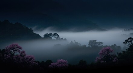 Naklejka premium Mystical foggy forest landscape at night with dark mountains pink blossom trees and dreamy atmospheric misty horizon