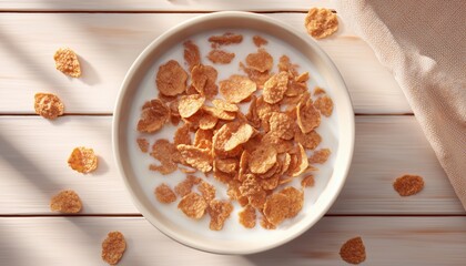 Top-View Presentation Of Healthy Breakfast Cereal: Bran Flakes With Milk In Bowl Served As A Nutritious Morning Meal Option.