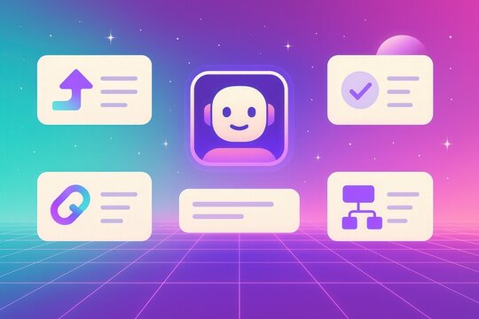 Futuristic digital assistant concept featuring a friendly AI avatar surrounded by data cards showcasing productivity features and user interface elements evoking seamless technology integration
