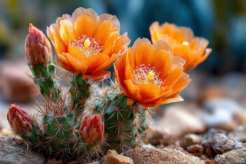 Blooming Orange Cactus Flowers on Rocky Ground