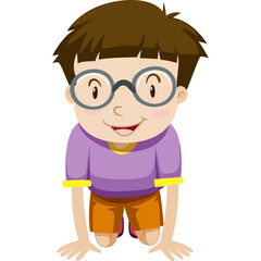 Young Boy With Glasses Purple Shirt Orange Shorts Kneeling And Smiling Directly At Camera Isolated On White Background