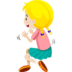 Young Blond Haired Girl Wearing A Pink Shirt And Teal Skirt Jumping With Joy And Excitement On A White Transparent Background And Orange Shoes