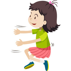 Young girl with brown hair wearing a green shirt and pink skirt jumping joyfully with her arms outstretched on a transparent background with motion lines indicating movement