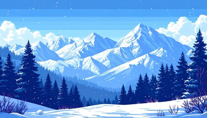 Snowy mountains, fir trees and a starry sky. Pixel art game location. 8 bit retro