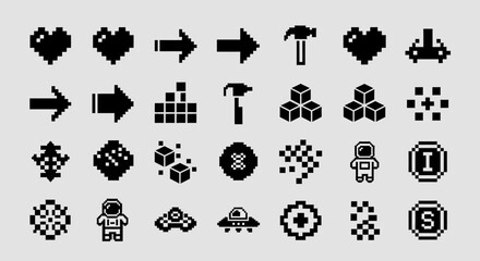 Collection of Retro Pixel Art Icons for Games and Design.