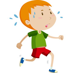Young Boy With Red Shorts And Green T-shirt Running And Sweating With Blue Shoes And White Background Isolated Caucasian Character Athleticism Energetic Movement Healthy Lifestyle Outdoors Activity
