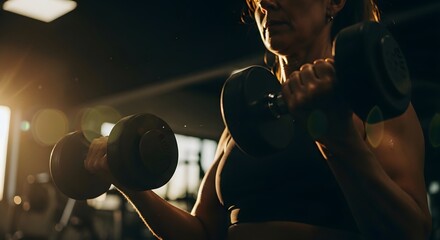 Powerful athletic woman training her biceps with heavy dumbbells in a fitness club with dramatic sunlight