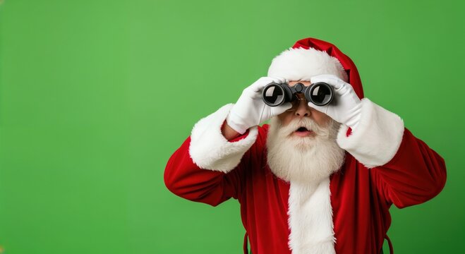 Santa Claus with Binoculars on Green Background for Holiday Decorations and Winter Celebrations