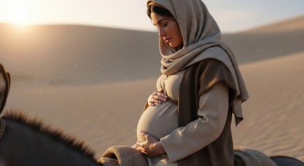 Cinematic side view of pregnant Virgin Mary riding a donkey in the desert during sunset journey to Bethlehem.