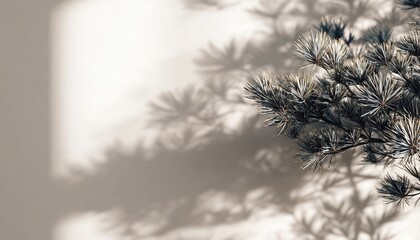 Abstract Representation Of A Natural Pine Tree Branch'S Gray Shadow Against A White Wall, Blurred To Emphasize Neutral Nature. Ample Space Provided.