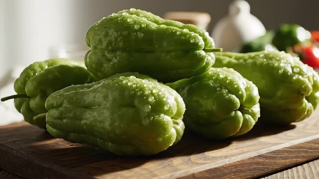 Fresh Chayote Squash Vegetables on Wooden Cutting Board.
