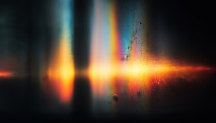 Blurred Full Warm Rainbow Light Leaks On Black With Dust Texture: Abstract Vintage Film Analog Effect For Photo Overlays And Screen Filters