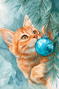 Watercolor illustration of an orange cat playing with a Christmas ornament