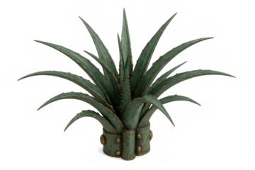Decorative agave plant metal sculpture with verdigris finish and golden rivets, contemporary succulent art