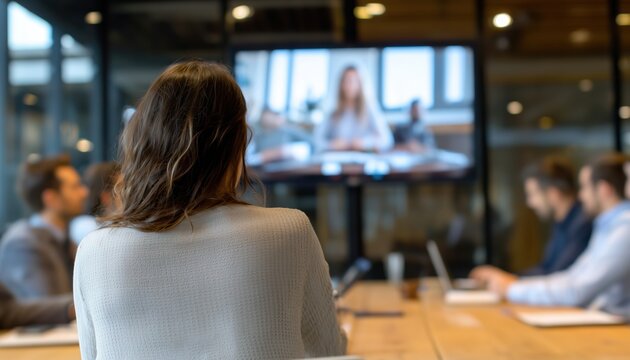 Business Woman Discussing Sales Report In Video Conference During Overtime In Start-Up Office With Team Using Wireless Communication For Group Meeting.