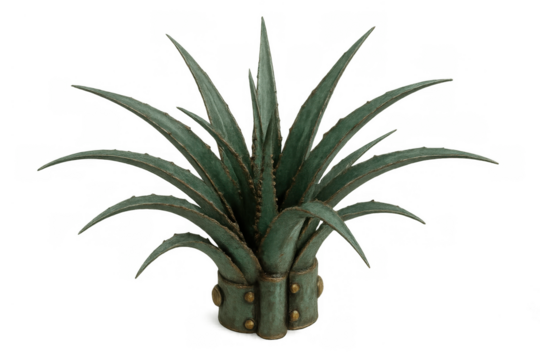 Decorative agave plant metal sculpture with verdigris finish and golden rivets, contemporary succulent art