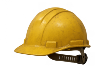 Yellow protective hard hat for worker safety, featuring durable plastic and an internal suspension system. Transparent background