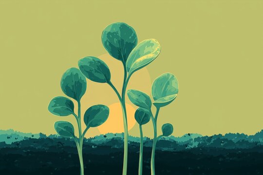 Sprouting Seedlings: Lush Green Leaves & Plant Growth in Botanical Illustration – Eco-Friendly Spring Gardening Design with Sunrise Silhouette