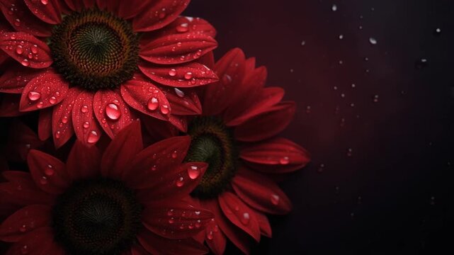 Red sun flowers on black background 