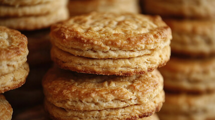 Close‑up of baked biscuits fresh out of oven in food‑industry setting showing golden baked texture and slight crispiness ideal for bakery production, food packaging or commercial snack imagery