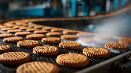 Close‑up of baked biscuits fresh out of oven in food‑industry setting showing golden baked texture and slight crispiness ideal for bakery production, food packaging or commercial snack imagery