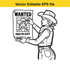 Naklejka premium Cowgirl holding a wanted poster with her own picture on it, isolated on