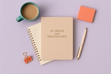 Creative workspace arrangement featuring AI ideas notebook, stylus pen, coffee cup, and office supplies reflecting innovation and productivity mindset