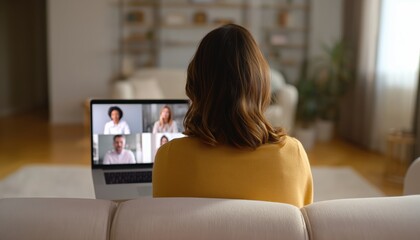 Businesswoman On Video Call With Colleagues From Home, Sitting On Sofa With Laptop, Seen From Behind In Back View.