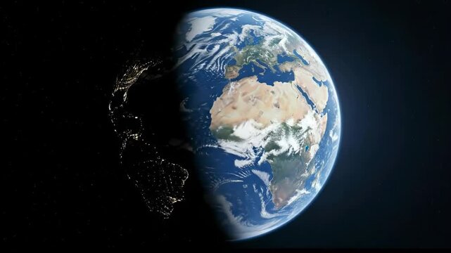 Realistic Planet Earth rotating in space showing the terminator line separating day and night with city lights