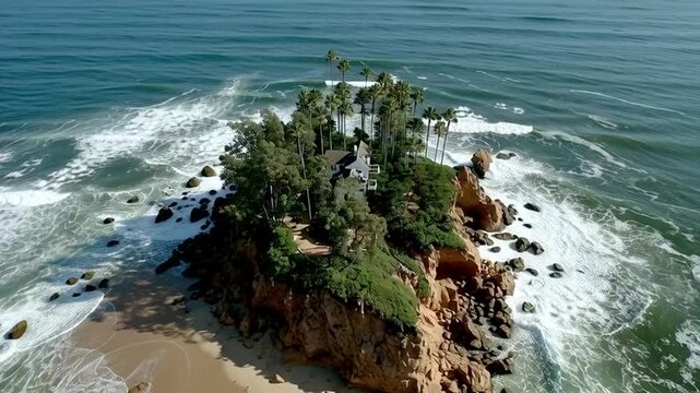 Crashing ocean waves on coastal rocks, a dramatic seascape of nature's power on the beach