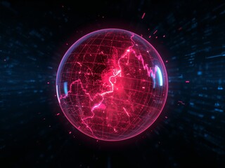 Obraz premium Glowing Red Energy Sphere with Digital Grid and Lightning, Dark Background.