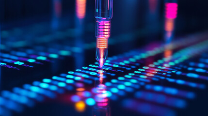 Close-up of a DNA sequencing machine highlighting intricate components and glowing indicators, emphasizing biotechnology innovation, genetics research, and cutting-edge laboratory technology