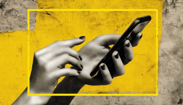 Retro Halftone Collage Of Hands Holding Phone With Social Media Scrolling On Red Grunge Background. Qr Code Space And Yellow Frame.