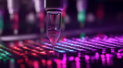 Close-up of a DNA sequencing machine highlighting intricate components and glowing indicators, emphasizing biotechnology innovation, genetics research, and cutting-edge laboratory technology