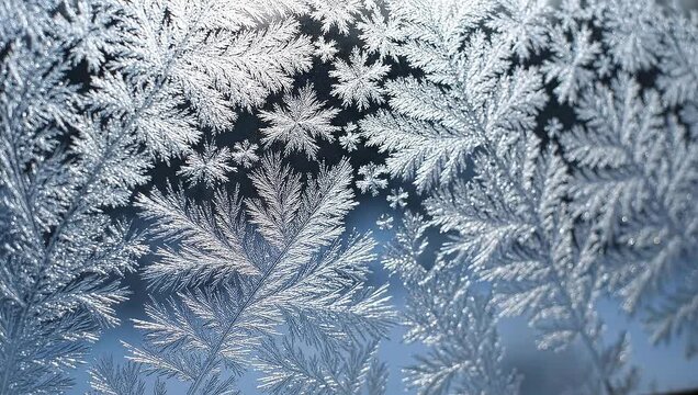 Delicate frost patterns forming intricate designs on a windowpane, showcasing frost, ice, crystal, winter, and nature.