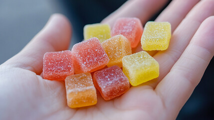 Close‑up of colorful vitamin gummies held in hand showing glossy chewable texture and vibrant tones conveying health care supplement concept and inviting wellness aesthetic