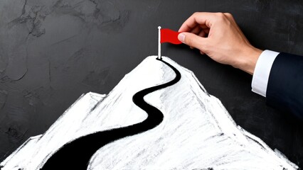 Business goal and success achievement concept, businessman drawing flag and mountain on chalk blackboard, leadership coaching strategy, vision roadmap, motivation teamwork and career victory