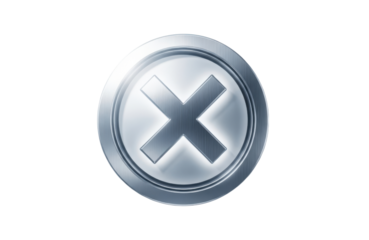 Shiny metallic silver circular button icon featuring a glowing white cross symbol in the center, isolated on transparent background