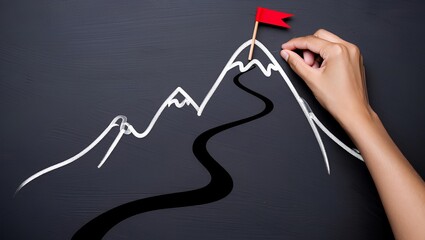 Businessman hand drawing mountain peak and flag on chalkboard, success goal achievement concept with leadership strategy, vision roadmap, motivation challenge and future development