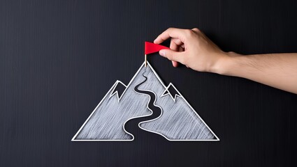 Successful business goal illustration of man drawing flag on mountain blackboard, leadership coaching advice, strategy roadmap, motivation vision teamwork and achievement peak challenge